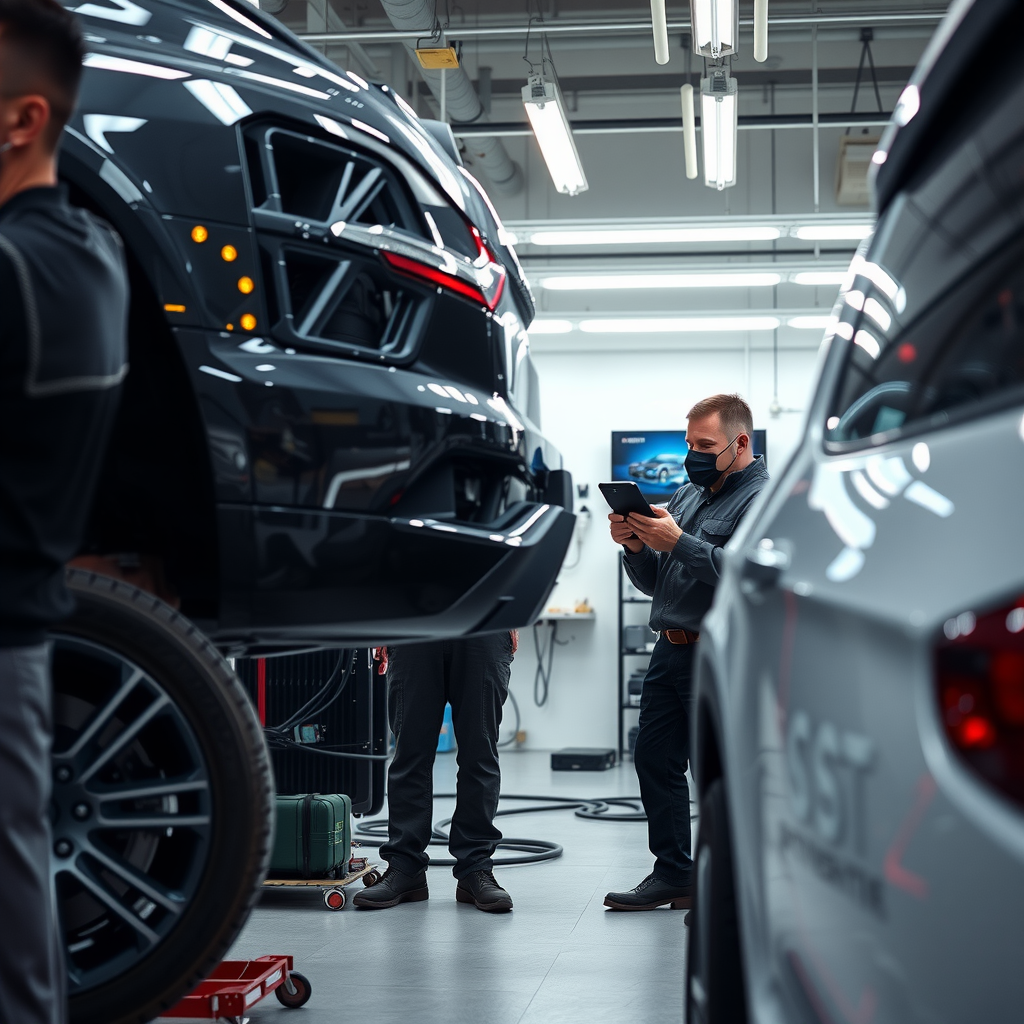 Equipo profesional de UnTinnedYst realizando inspección detallada de vehículos en taller moderno equipado con tecnología de diagnóstico avanzada