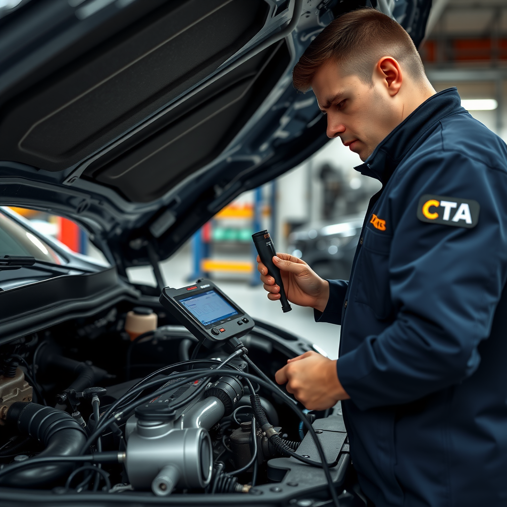 Professional automotive mechanic performing comprehensive engine diagnostic inspection on a pre-owned vehicle using advanced diagnostic equipment in a well-lit Argentine workshop, checking critical components and systems