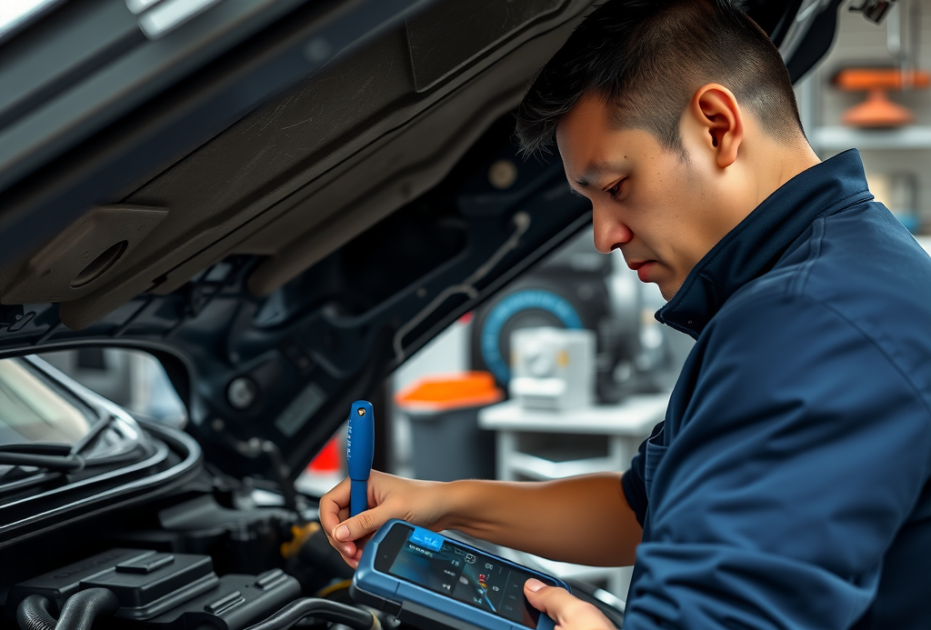 Mecánico profesional realizando inspección detallada del motor de un vehículo usado en taller automotriz argentino, utilizando herramientas de diagnóstico electrónico y verificando componentes críticos