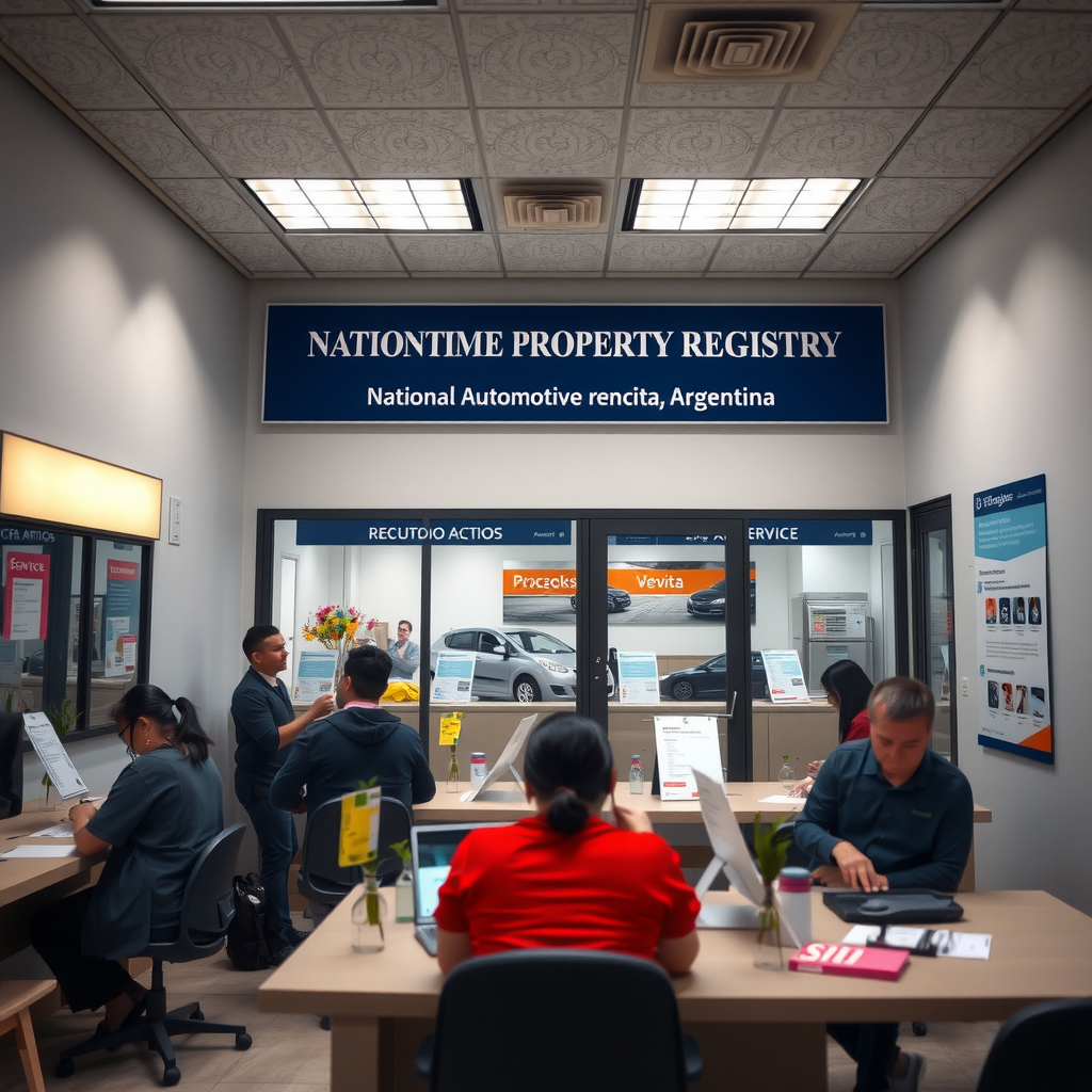 Interior de una oficina de Registro Nacional de la Propiedad del Automotor en Argentina, mostrando ventanillas de atención al público, personas completando formularios y carteles informativos sobre trámites vehiculares