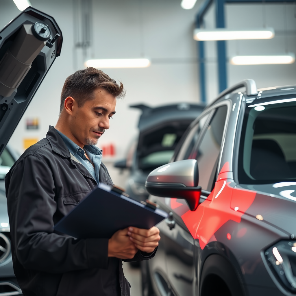 Inspector profesional examinando detalladamente el odómetro y panel de instrumentos de un vehículo en concesionaria argentina, con lupa y documentación sobre escritorio