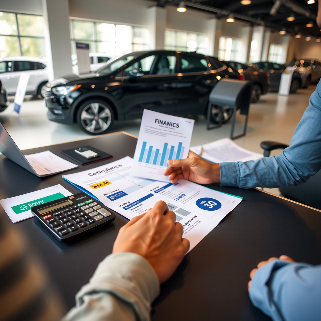 Persona analizando opciones de financiamiento automotriz con documentos, calculadora y folletos de diferentes entidades bancarias sobre escritorio moderno en concesionario argentino