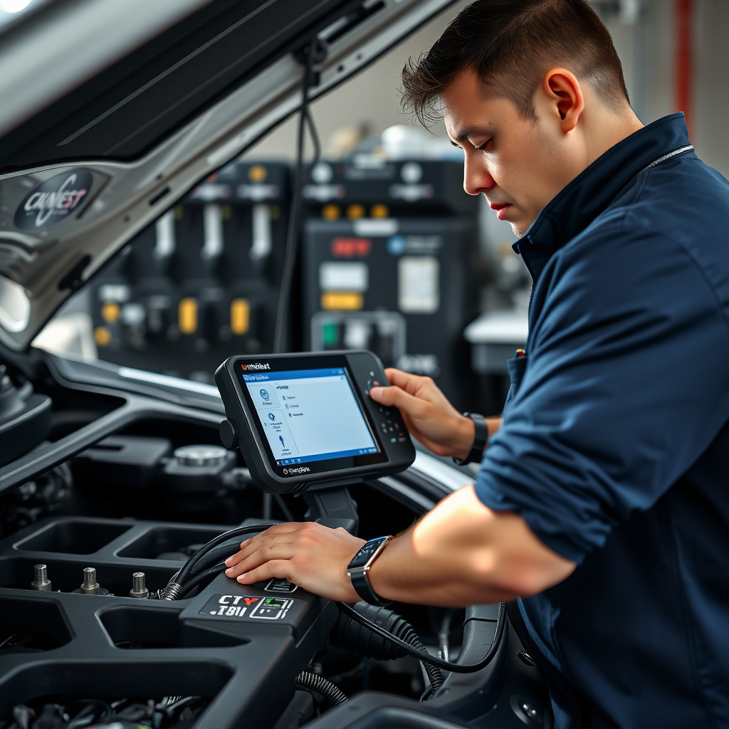 Técnico certificado de UnTinnedYst conectando equipo de diagnóstico computarizado al motor de un vehículo para análisis técnico completo