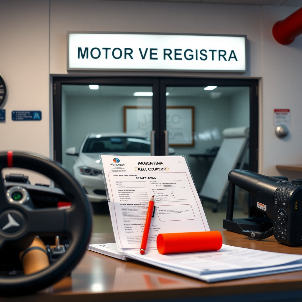 Oficina de registro automotor argentino con documentos de transferencia vehicular, formularios oficiales, verificación policial y empleado procesando trámites de patentamiento