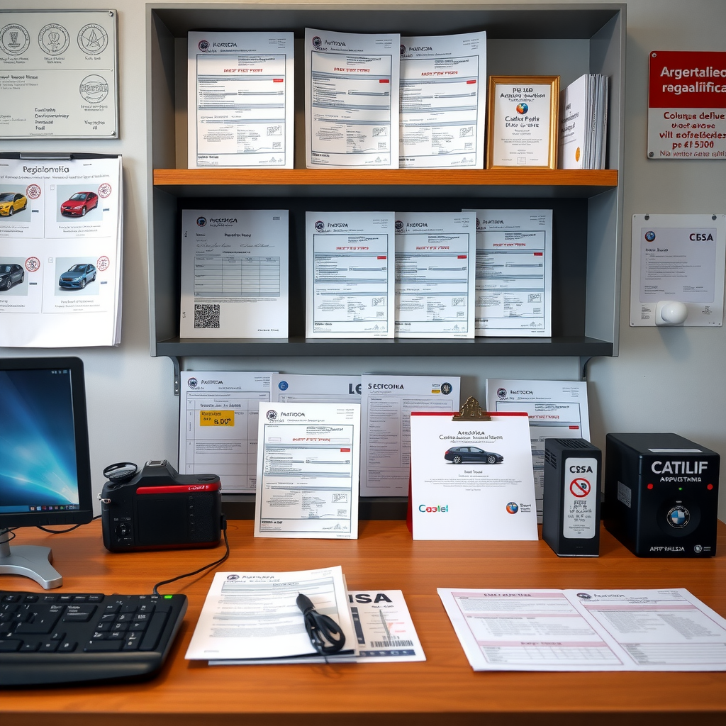 Clean organized desk at Argentine vehicle registration office showing official documentation, transfer forms, verification stamps, and administrative paperwork required for car registration process in Argentina