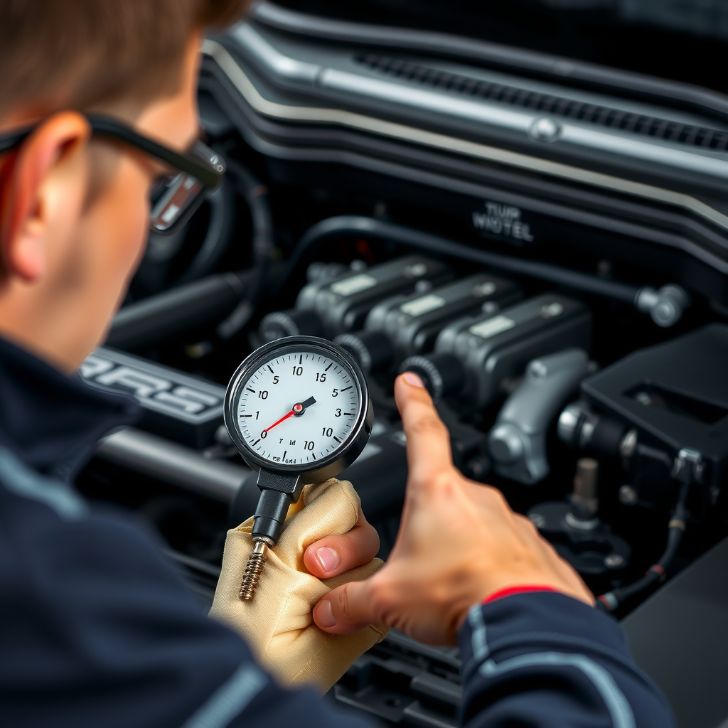 Técnico automotriz realizando prueba de compresión del motor con manómetro profesional, mostrando valores de presión normales en cada cilindro, herramienta esencial para diagnóstico de estado interno del motor