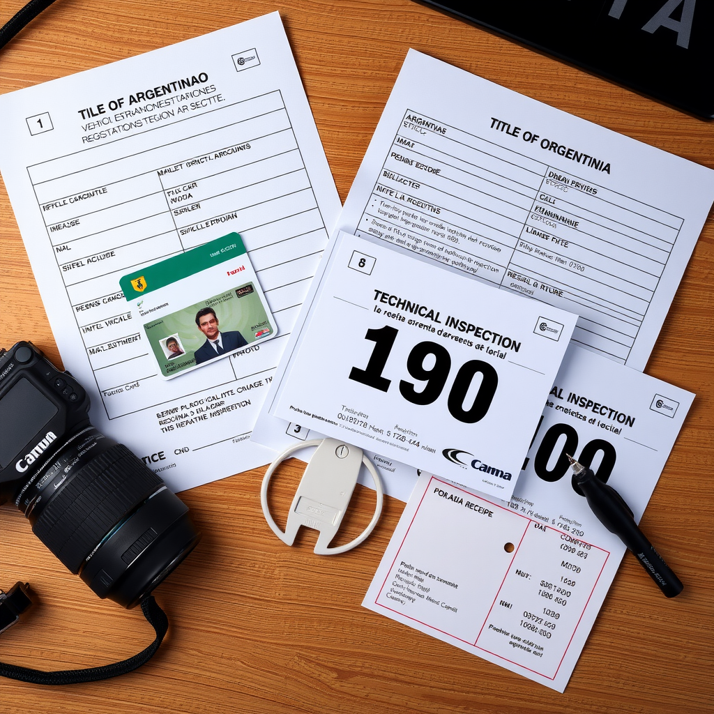 Vista superior de un escritorio con documentos de registro vehicular argentinos organizados: título de propiedad, DNI, formulario 08, cédula verde, comprobante de pago de patente y verificación técnica