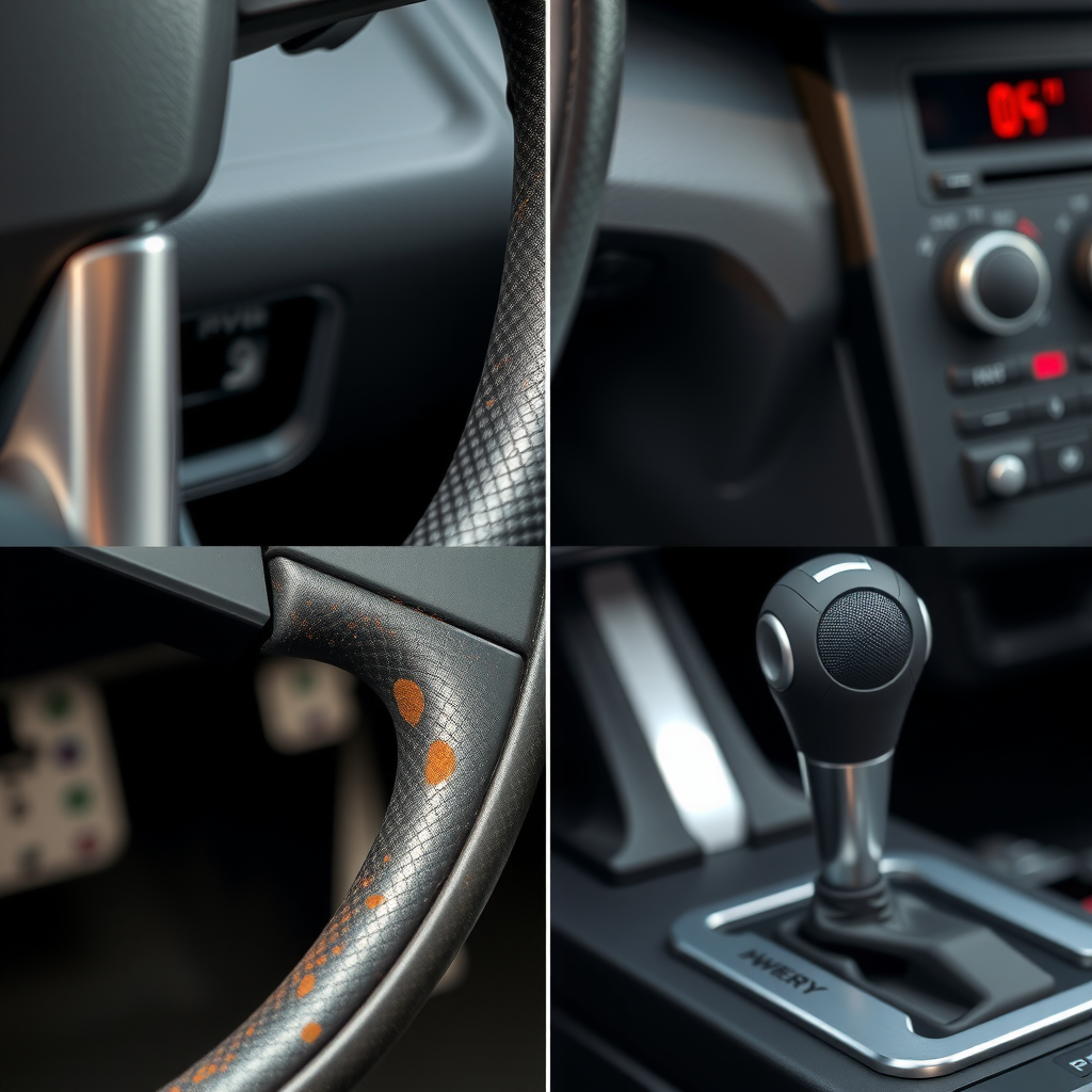 Comparación visual de desgaste en pedales, volante y palanca de cambios mostrando inconsistencias con kilometraje bajo declarado, fotografía detallada en taller mecánico