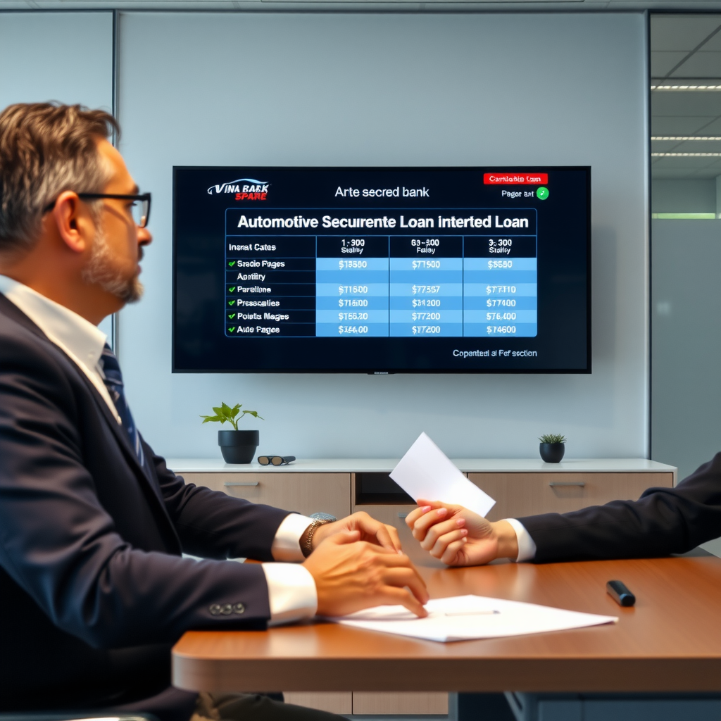 Ejecutivo bancario asesorando a cliente sobre préstamo prendario automotriz en oficina moderna de banco argentino, mostrando tasas de interés y condiciones en pantalla digital