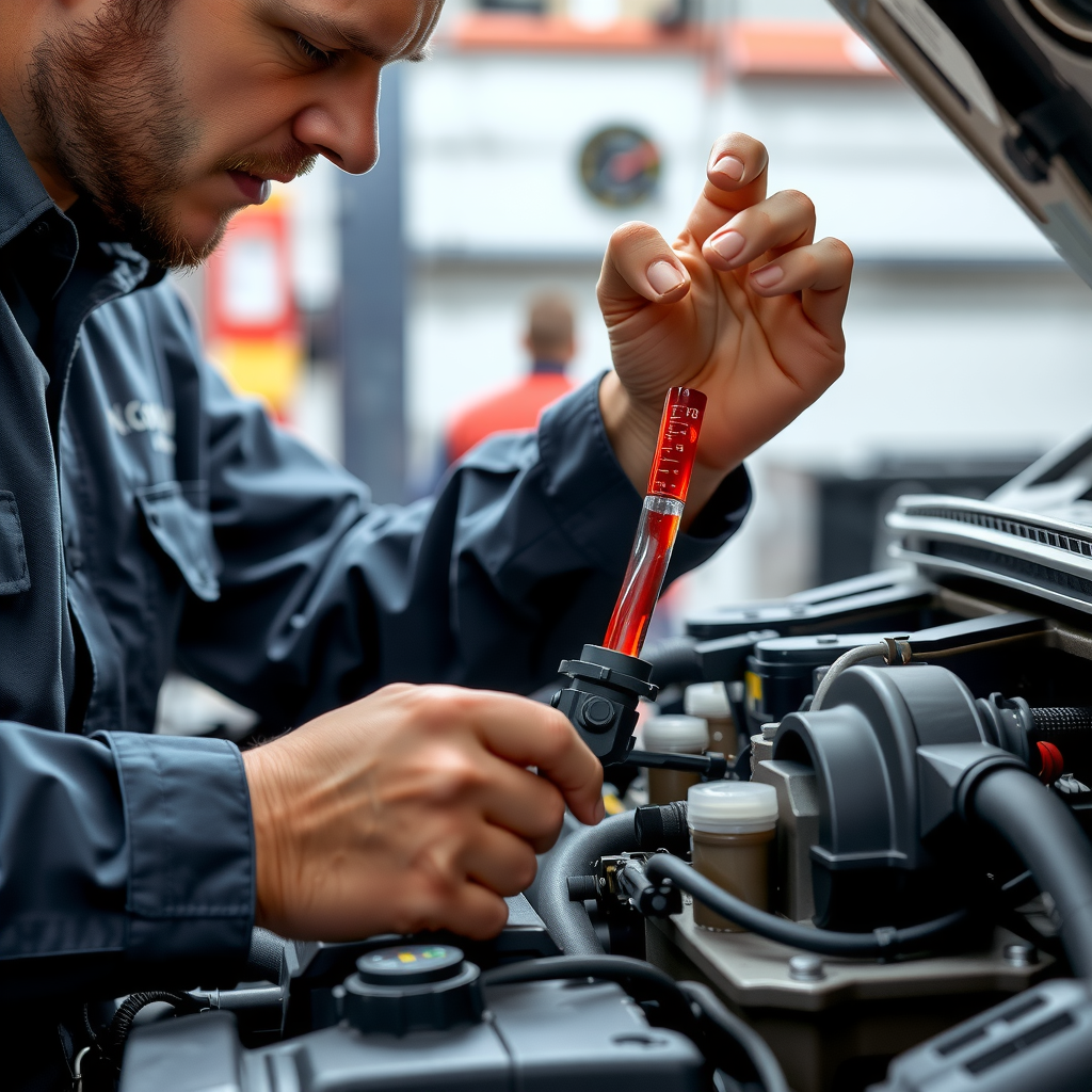 Mecánico profesional verificando nivel y color del fluido de transmisión automática con varilla medidora, mostrando el color rojo característico de fluido en buen estado, inspección crítica para evaluar salud de la transmisión