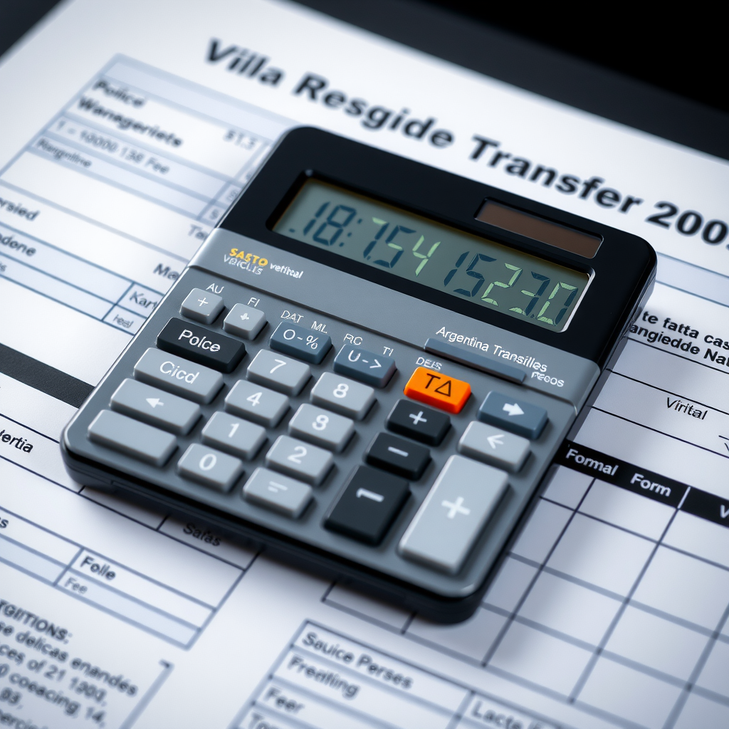 Calculadora digital sobre documentos mostrando costos de transferencia vehicular en pesos argentinos, con desglose de aranceles del registro, verificación policial y formularios