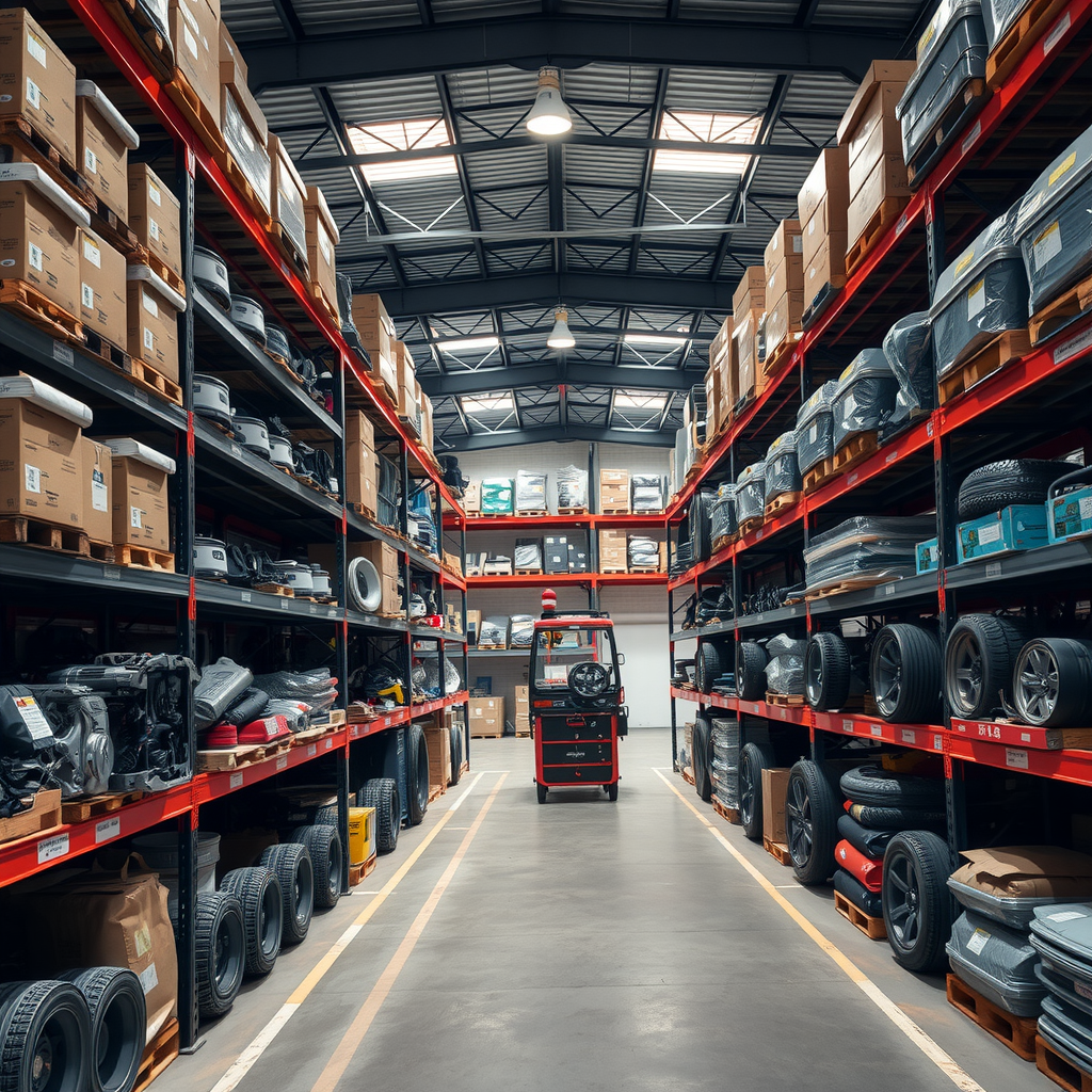 Almacén de repuestos automotrices originales con estanterías organizadas mostrando disponibilidad inmediata en distribuidor autorizado en Argentina