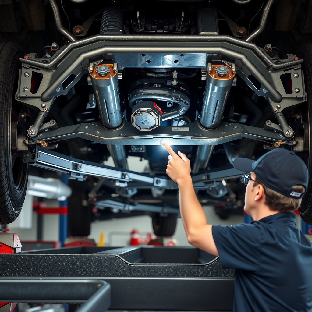 Mecánico inspeccionando largueros del chasis y puntos de soldadura bajo el vehículo elevado en rampa, señalando áreas de reparación estructural con linterna