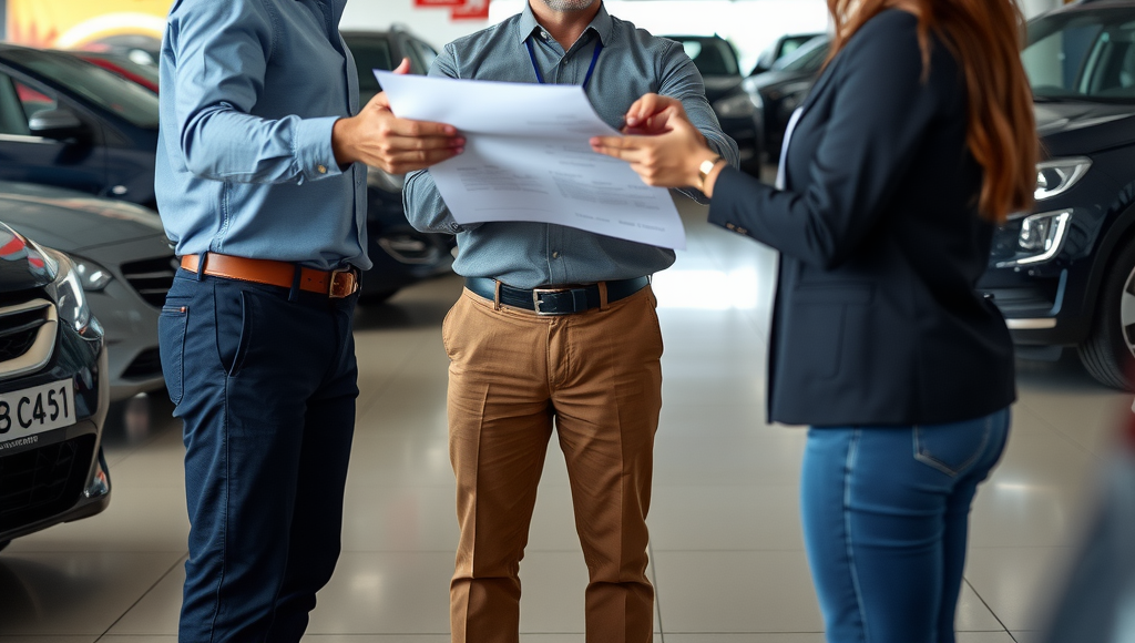 Vendedor de concesionario automotriz argentino explicando plan de financiamiento directo a pareja de clientes en showroom con vehículos nuevos y carteles promocionales de tasas especiales