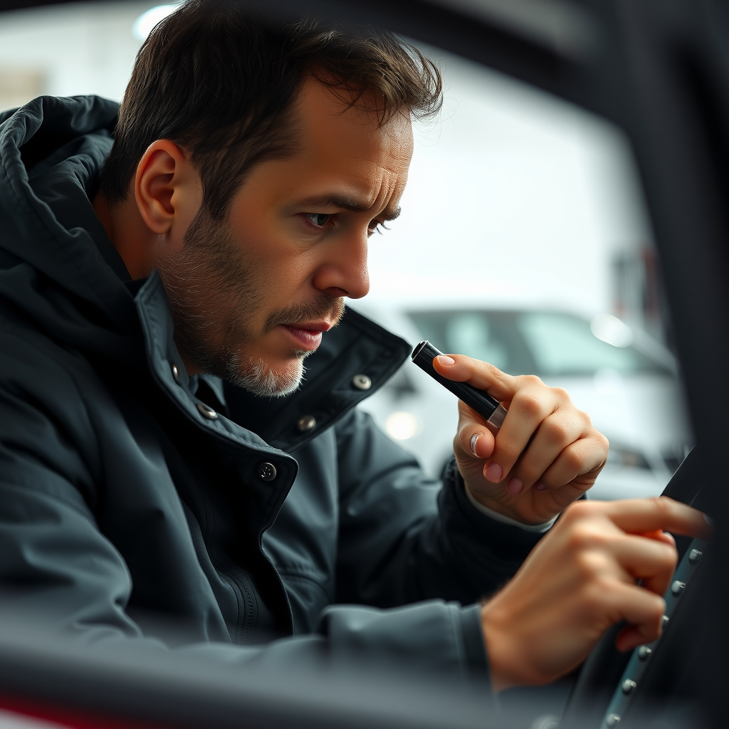 Cautious car buyer carefully examining vehicle odometer reading and inspecting dashboard for signs of tampering, fraud indicators, and mechanical issues during pre-purchase inspection in Argentine automotive market