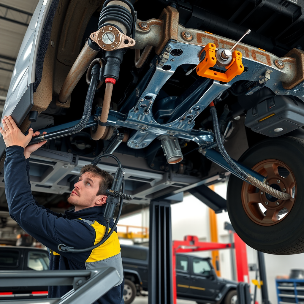 Técnico especializado inspeccionando estructura del chasis y puntos de soldadura de vehículo elevado en taller, verificando integridad estructural, ausencia de óxido y calidad de reparaciones previas en componentes críticos de seguridad