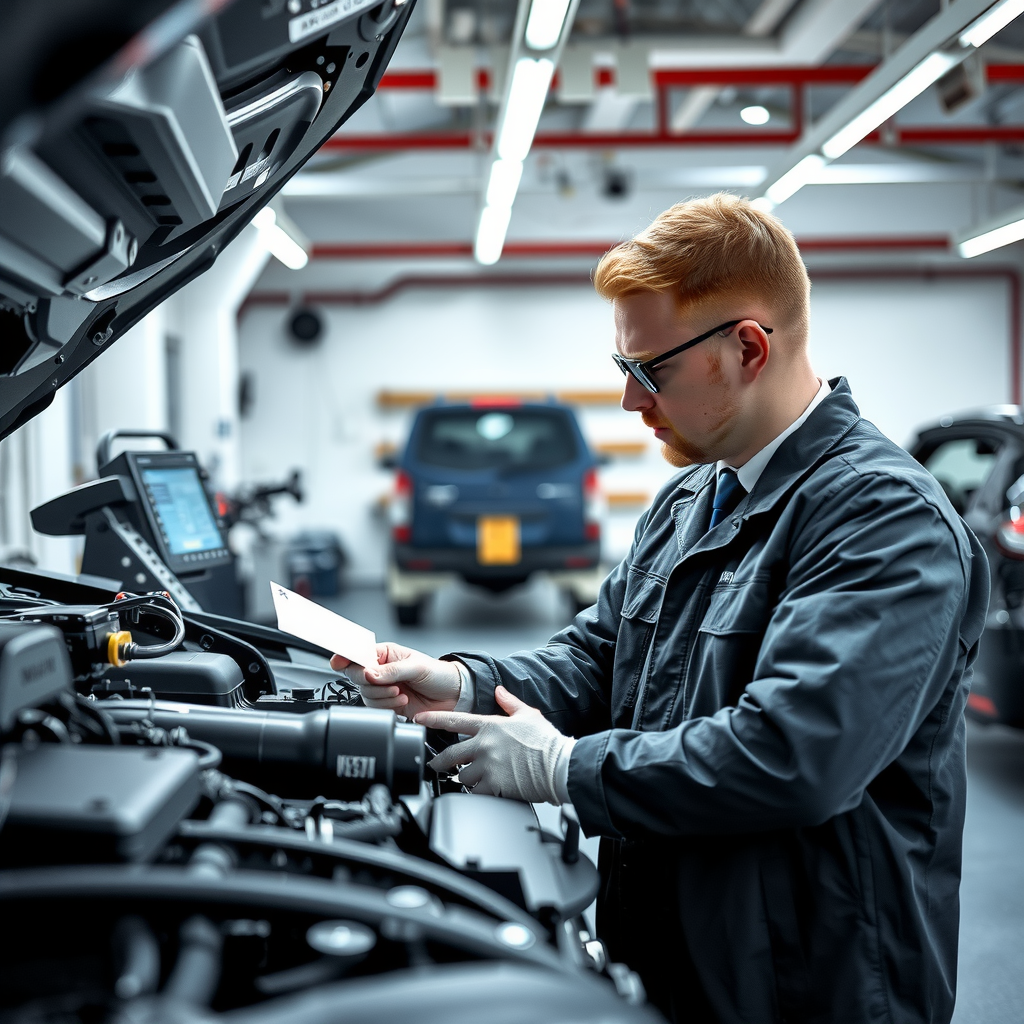 Interior de un centro de verificación técnica vehicular mostrando un inspector profesional examinando el número de chasis de un automóvil, con equipamiento de diagnóstico y herramientas especializadas