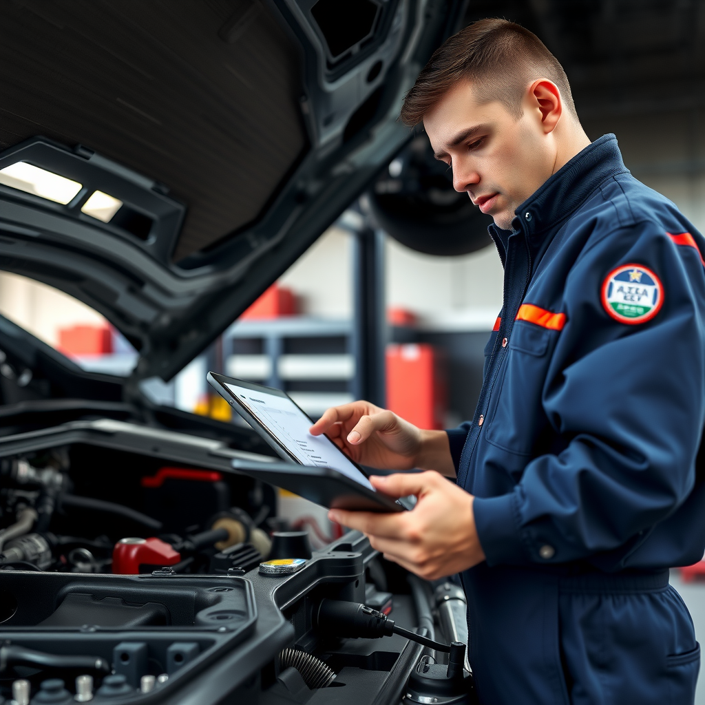 Técnico automotriz realizando servicio de mantenimiento preventivo completo en taller certificado argentino con checklist digital y herramientas profesionales