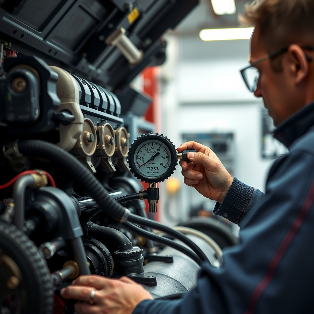 Técnico realizando prueba de compresión en motor con manómetro profesional, mostrando lecturas en diferentes cilindros, ambiente de taller mecánico bien iluminado