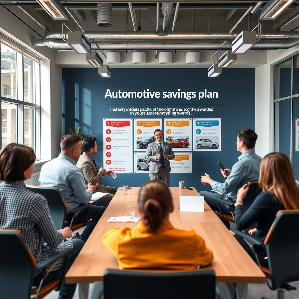 Reunión informativa de plan de ahorro automotriz con representante explicando sistema de cuotas, sorteos y adjudicaciones a grupo de potenciales ahorristas en oficina moderna