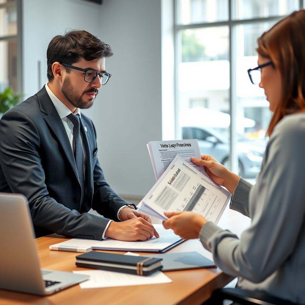 Professional financial advisor meeting with car buyer at modern office desk, reviewing various vehicle financing documents, loan applications, and payment plans available in Argentine automotive financing market