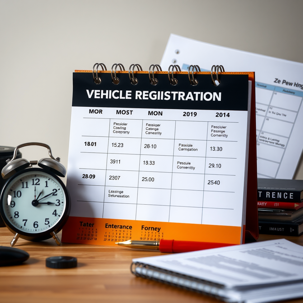 Composición visual de un calendario de escritorio marcando fechas importantes del proceso de registro vehicular, junto a un reloj y documentos organizados por etapas del trámite