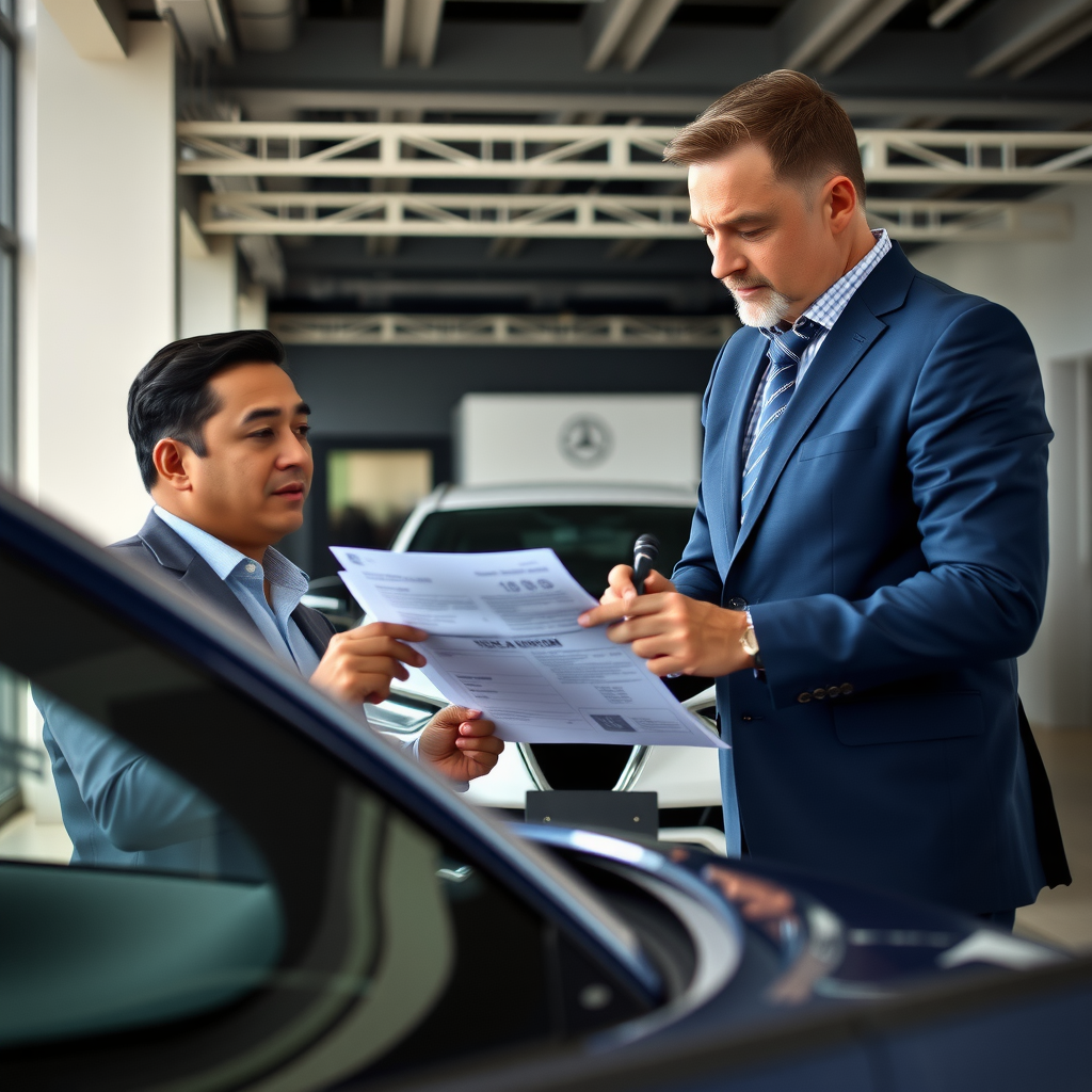 Escena de negociación en concesionaria argentina, comprador revisando documentación con calma mientras vendedor espera, ambiente profesional de oficina de ventas