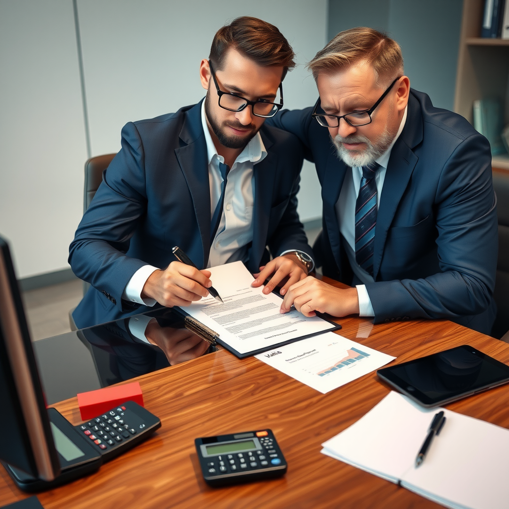 Empresario firmando contrato de financiamiento privado para adquisición de vehículo con asesor financiero en oficina profesional, documentos y calculadora sobre escritorio