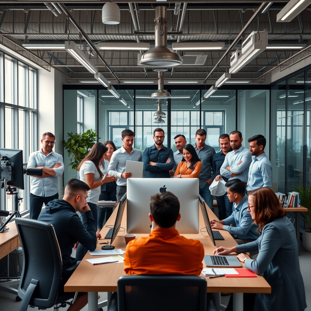 Equipo completo de profesionales de UnTinnedYst reunidos en oficinas modernas con ambiente colaborativo y tecnología avanzada
