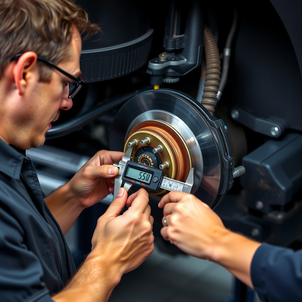 Técnico automotriz profesional inspeccionando sistema de frenos, midiendo espesor de pastillas con calibre, verificando estado de discos y nivel de líquido de frenos, inspección crítica de seguridad para vehículo usado