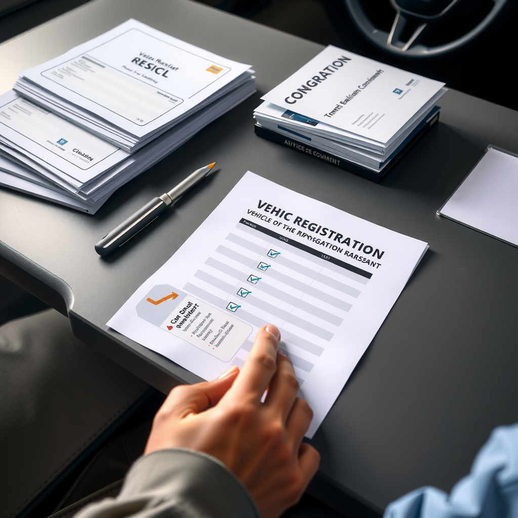 Vista de una persona organizando metódicamente documentos de registro vehicular sobre un escritorio, con un checklist impreso marcando cada paso completado del proceso de transferencia