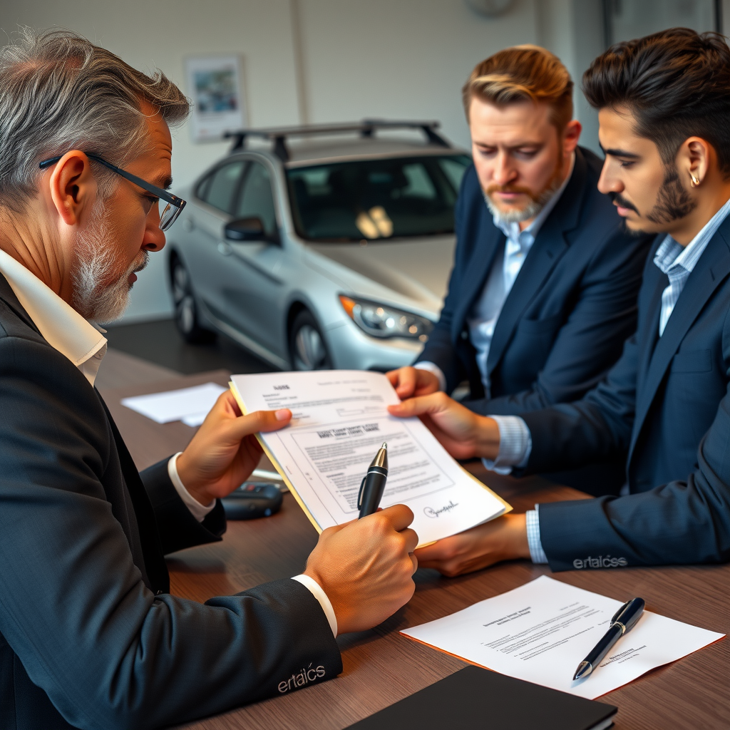 Escribano público revisando y certificando documentación de transferencia vehicular, con comprador y vendedor presentes, oficina notarial profesional en Argentina