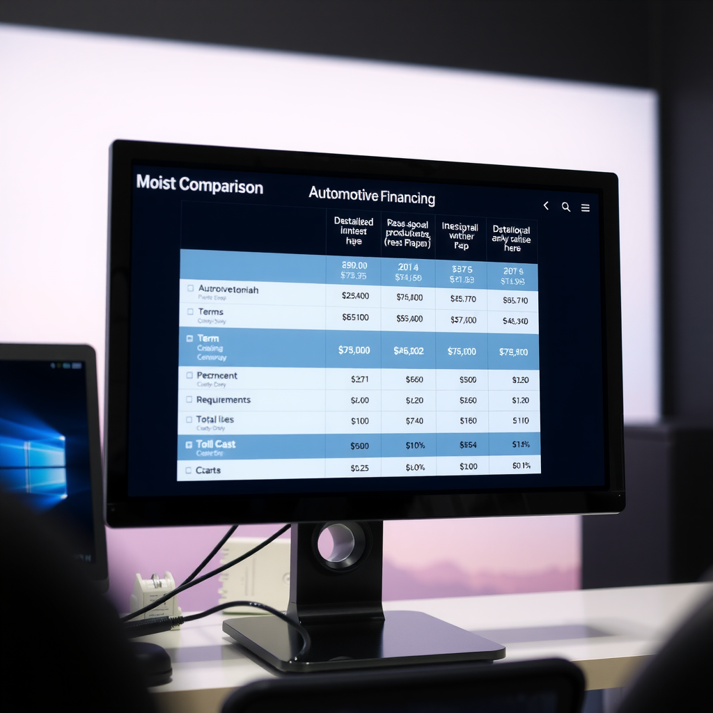 Pantalla de computadora mostrando tabla comparativa detallada de opciones de financiamiento automotriz con tasas de interés, plazos, requisitos y costos totales para diferentes alternativas