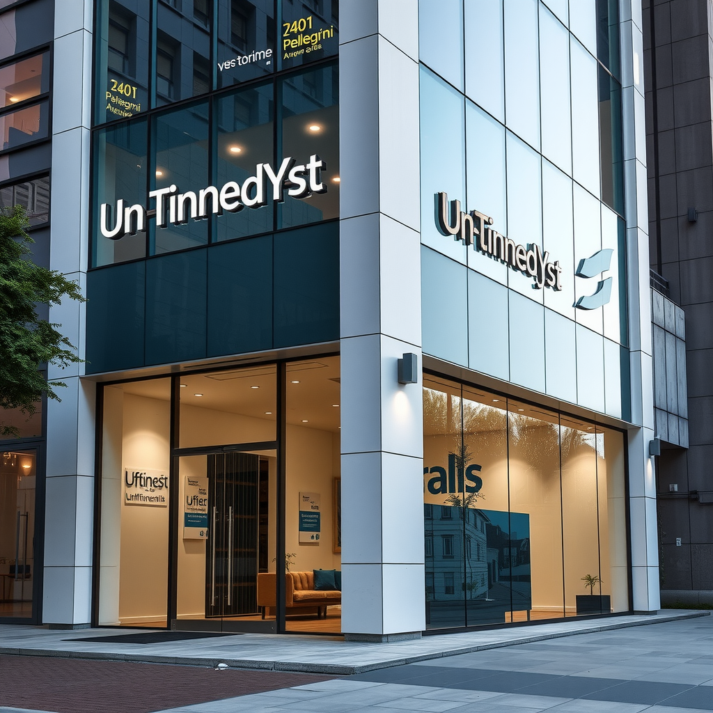 Fachada moderna de las oficinas de UnTinnedYst ubicadas en Av. Pellegrini 2401, Rosario, Argentina con señalización profesional