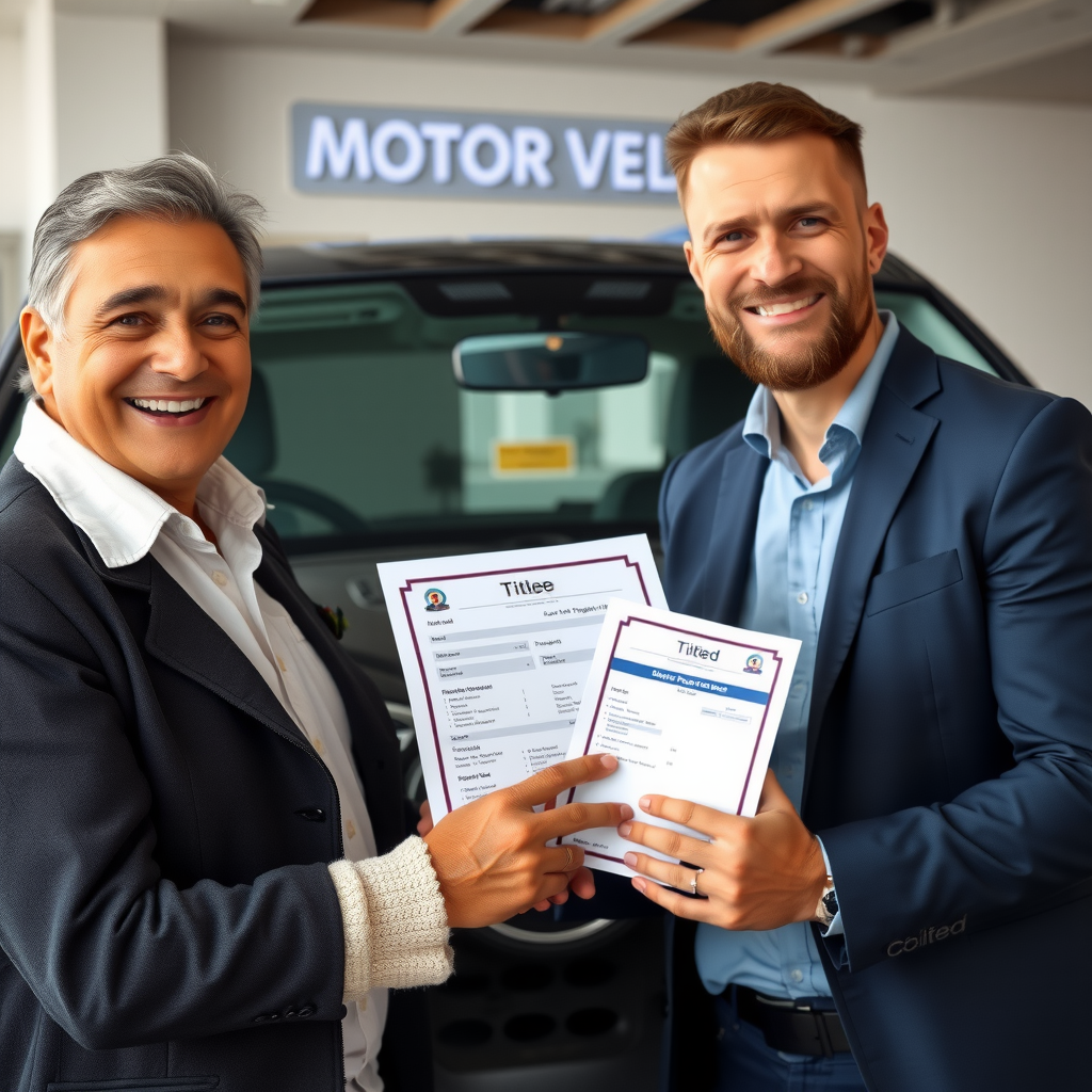 Propietario sonriente recibiendo el título de propiedad y documentación completa de su vehículo recién registrado en una oficina del registro automotor, simbolizando la culminación exitosa del proceso