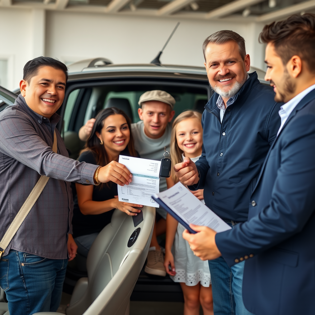 Familia argentina feliz recibiendo llaves de su vehículo nuevo en concesionario, celebrando compra exitosa con financiamiento aprobado, vendedor entregando documentación